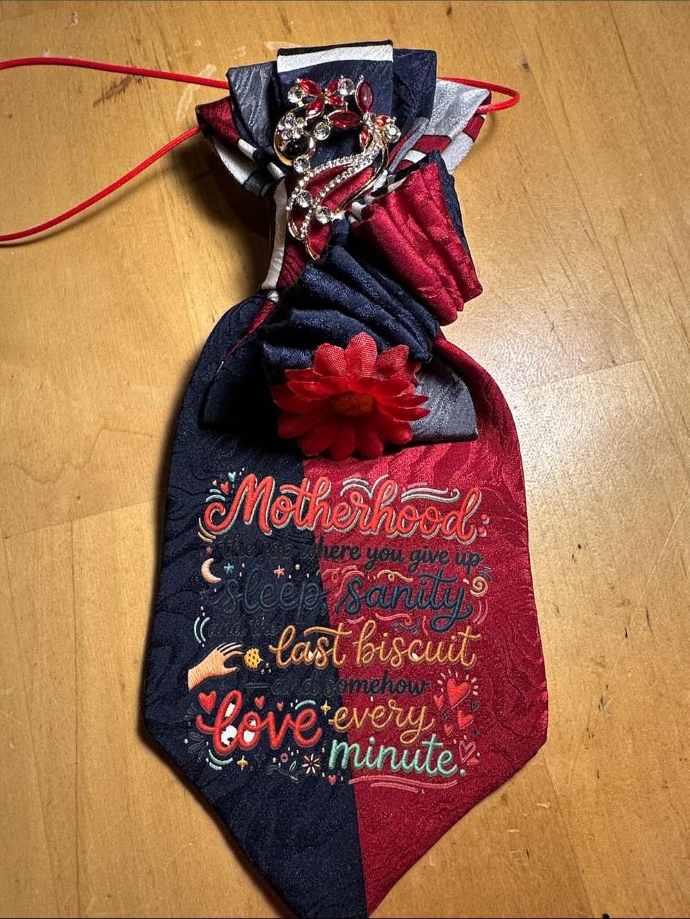 Henry Grethel Silk Necklace Tie in Red & Navy with Floral Accent